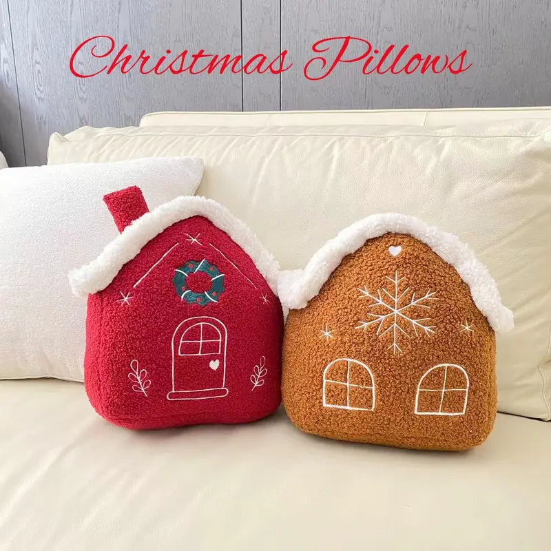 Gingerbread House Shaped Throw Pillow, 1 Count Cute Warm Plush Cushion, Winter Home Decoration Sofa Bed Pillow, Bedroom Pillow