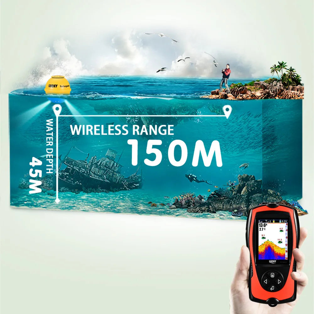 Sonar Fish Finder FF1108-1CWLA Rechargeable Wireless Sensor 45M Water Depth Echo Sounder Fishing Portable Fish Finder