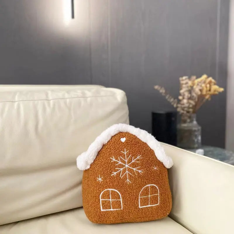 Gingerbread House Shaped Throw Pillow, 1 Count Cute Warm Plush Cushion, Winter Home Decoration Sofa Bed Pillow, Bedroom Pillow