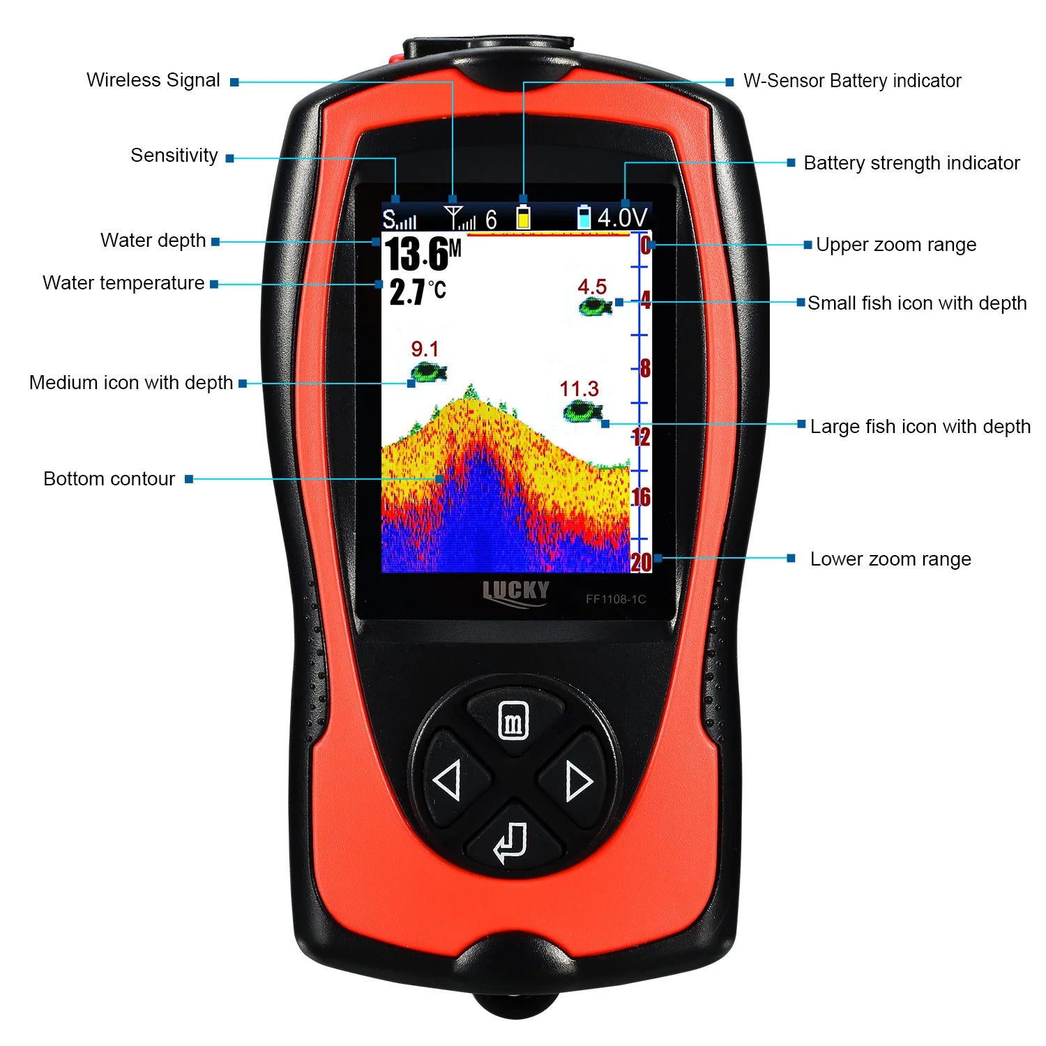 Sonar Fish Finder FF1108-1CWLA Rechargeable Wireless Sensor 45M Water Depth Echo Sounder Fishing Portable Fish Finder