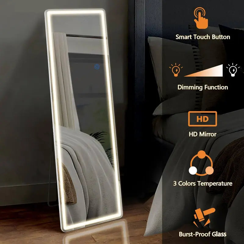 Full Length Dressing LED Mirror Large Rectangle Dimmable Floor Mirror Wall Mirror,Waterproof Mirror for Bedroom Bathroom and Living Room 3 Color Lighting Mirror with LED Lights, Lighted Floor Standing Mirror with Stand, Wall Mounted(64"X21" )