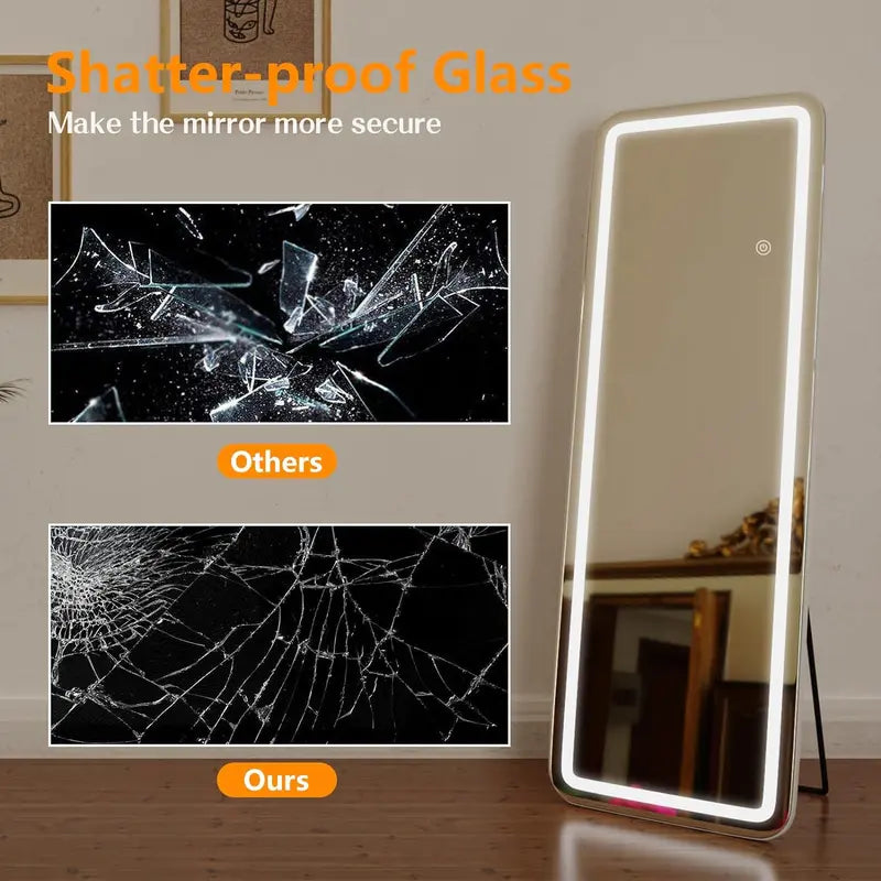 Full Length Dressing LED Mirror Large Rectangle Dimmable Floor Mirror Wall Mirror,Waterproof Mirror for Bedroom Bathroom and Living Room 3 Color Lighting Mirror with LED Lights, Lighted Floor Standing Mirror with Stand, Wall Mounted(64"X21" )